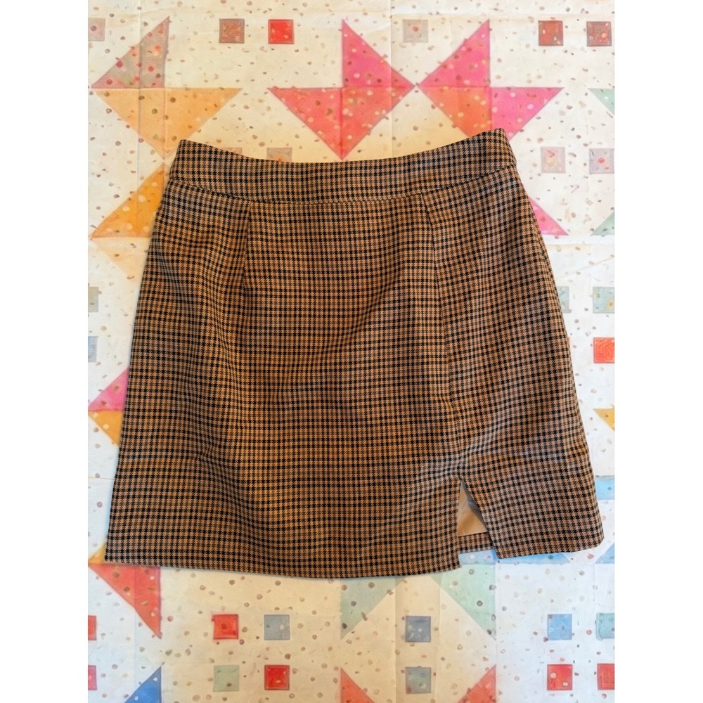 VICI Houndstooth Mini Skirt Brown Black Plaid Slit Academic Preppy Medium
